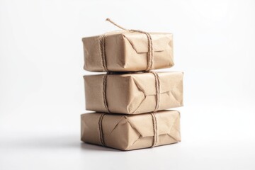 Obraz premium Three boxes wrapped in brown paper, perfect for everyday use or as a gift