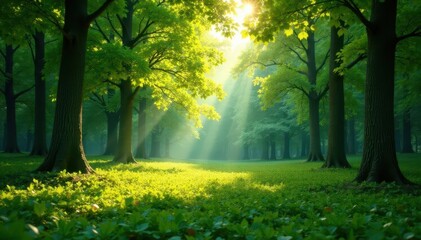 Fototapeta premium Sun-dappled square in lush green forest clearing, path, empty