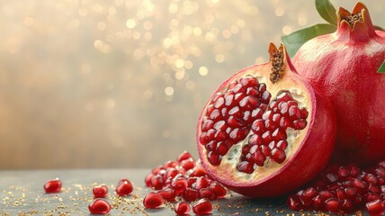 Red Pomegranate Arils on Dark Surface with Gold Glitter