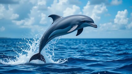 Fototapeta premium Ocean Acrobat: A Dolphin Mid-Leap in a Burst of Water and Energy