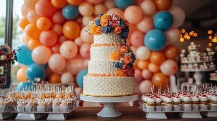 Fototapeta premium Elegant Four-Tier Wedding Cake with Balloons