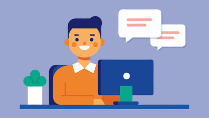 Engaging with Students An online instructor at a desk smiling while talking to a webcam with a chat window displaying student questions on the screen.