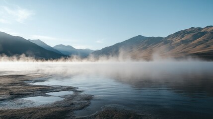 A serene lake with mountains and early morning mist rising