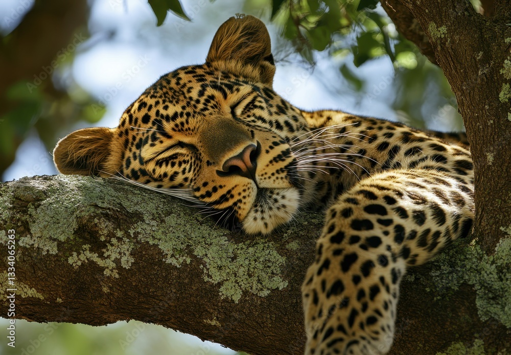 Poster resting leopard in a tree during daylight, close-up view of its face and unique fur pattern, beautif