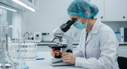 Asian woman scientist examining sample with microscope in clean laboratory. Medical research worker in protective hairnet and mask conducting microbiological analysis.
