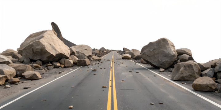 Mountain Road Rockslide Damage with Fallen Rocks on White - Natural Disaster, Landslide, Road Block, Cut Out