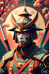 Obraz premium Samurai Warrior in Traditional Armor with Sword and Pagoda Background.