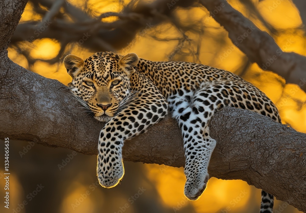 Aufkleber resting leopard in sunset glow on tree branch with beautiful warm tones and soft background for wild