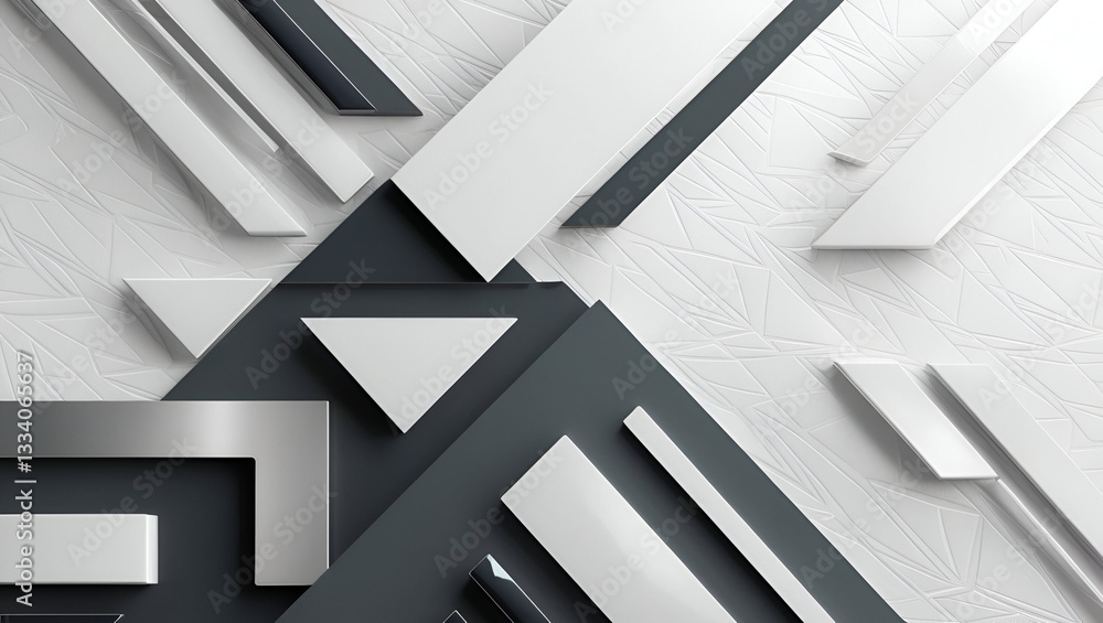 Poster a sleek abstract white background featuring textured patterns, layered geometric triangles, and glos
