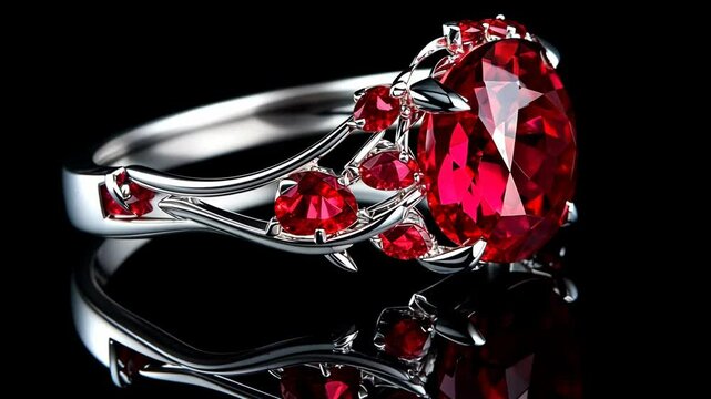 Elegant ruby ring showcasing intricate design and brilliance on a reflective black surface