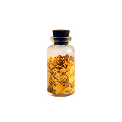 A glass vial filled with gold flakes, isolated on a white background.