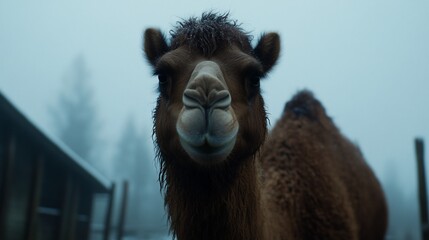 Obraz premium Intimate portrait of a Bactrian camel in the misty wilderness region