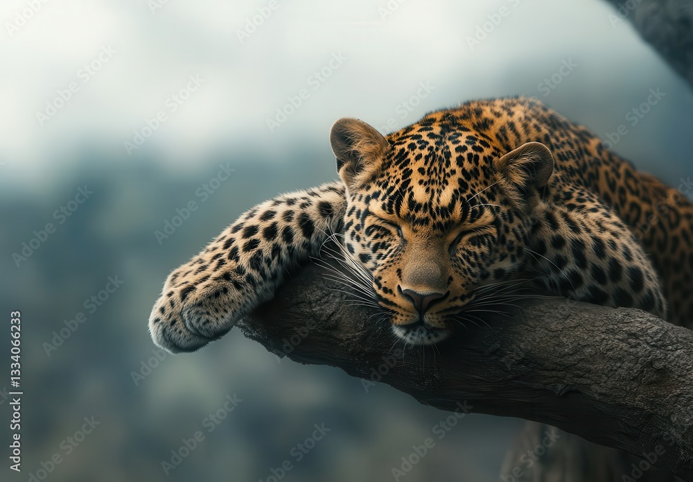 Aufkleber resting leopard on a branch with soft focus background in a natural habitat
