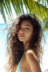 A woman posing in a bikini on a sunny beach, great for summer themes or lifestyle shots