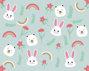 Seamless pattern with a cute bunny and a bear, with flowers, leaves and a rainbow on a colored background. An element for printing, textures,
fabrics, and wrappers. Vector illustration.