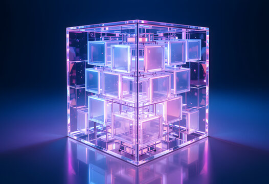 Futuristic Glowing Glass Cube – Neon Sci-Fi Technology Concept. - Powered by Adobe
