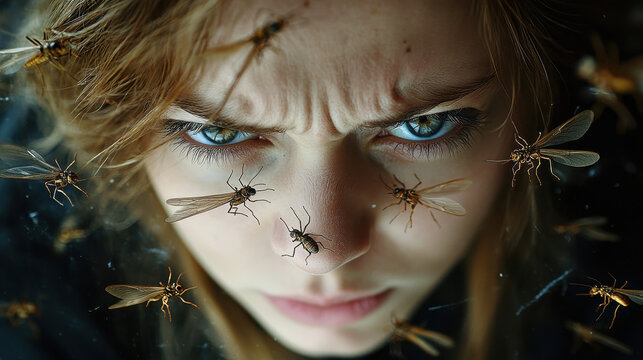 Surrounded by giant insects, a person expresses deep entomophobia in detailed close-up