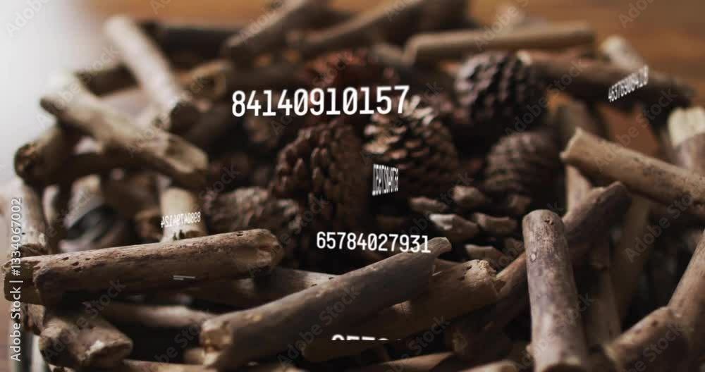 Poster pine cones and sticks with floating numbers animation in rustic setting