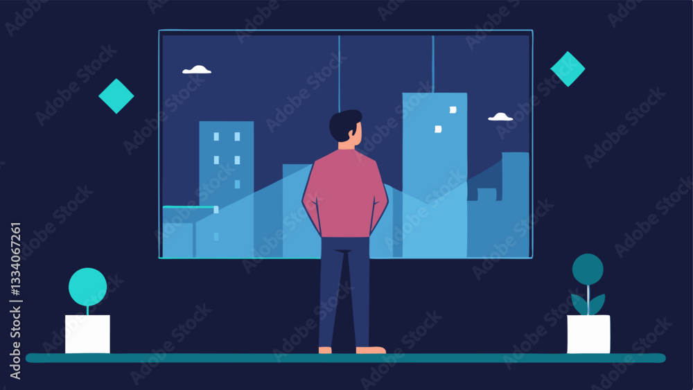 Poster future visions a developer looking towards a futuristic cityscape from a window envisioning the impa
