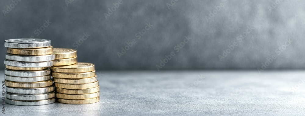 Poster stacked silver and gold coins arranged on a gray marble surface in a minimalist setting, creating a 