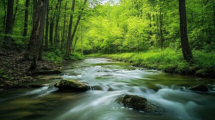 Obraz premium A flowing river through a verdant forest in the daytime