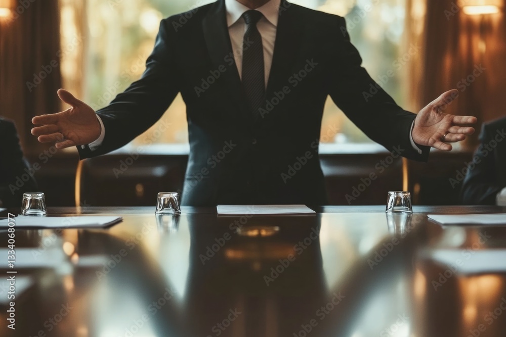 Aufkleber a man in a suit and tie standing in front of a conference table, ready to discuss business