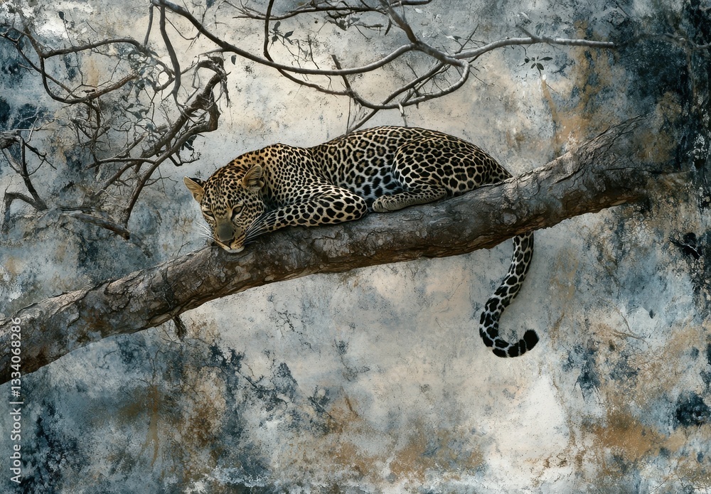 Poster resting leopard on tree branch surrounded by textured landscape with abstract colors and organic ele