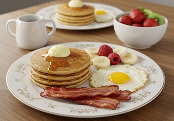 Golden Pancakes Sunnyside Egg Breakfast Plate. AI Generated