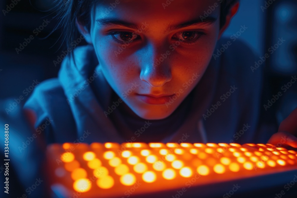 Poster a young woman examines a glowing computer keyboard, possibly searching for information or learning a