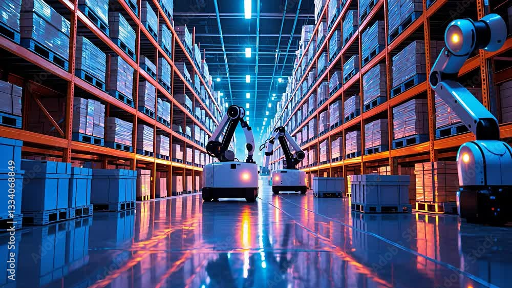 Poster futuristic automated warehouse with robotic arms and smart storage systems in a high-tech logistics 