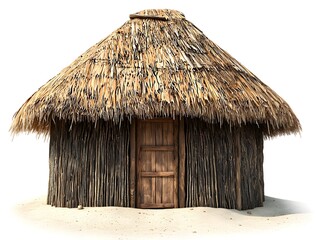 Thatched roof hut with wooden doors on sandy ground