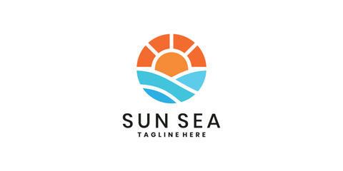 Ocean wave and sun logo design template