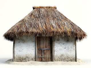 Thatched roof hut with wooden doors on sandy ground