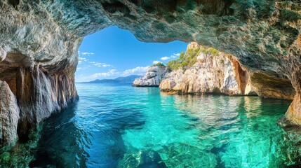 A picturesque ocean cave with clear water and rocky formations