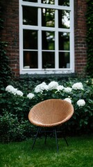 Outdoor garden setting featuring a stylish woven chair placed near blooming hydrangeas and a brick wall with large window during daylight