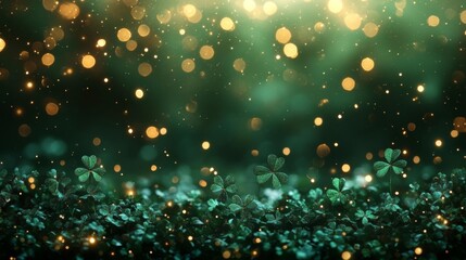 A Festive Green and Gold Background with Soft Shamrock Patterns and Rainbow Decorations. Generative AI