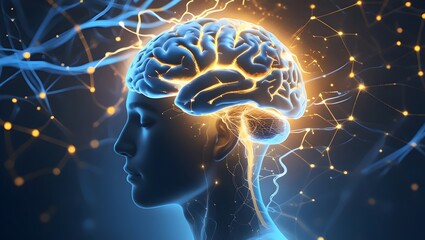 Illuminated Brain with Dynamic Neural Connections in Meditative Human Silhouette, Representing Thought Rewiring, Mental Flexibility, and Neuroplasticity