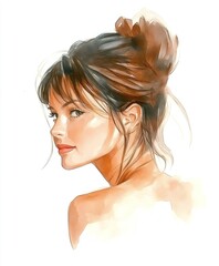 Naklejka premium Watercolor Painting of Young Woman with Hair Bun Looking Over Shoulder