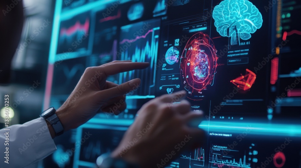 Poster innovative digital interface displaying human brain activity with advanced technology