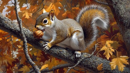 Fototapeta premium Autumnal Squirrel Feast: A Masterpiece of Wildlife Art