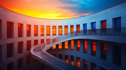 Fototapeta premium Curved building with spiral staircase, colorful sunset reflecting in windows.