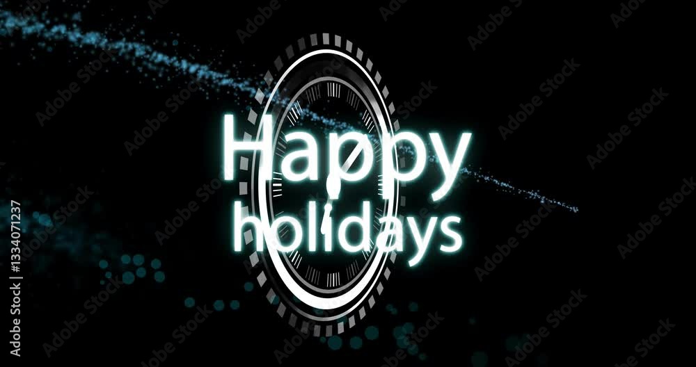 Poster glowing animation of happy holidays text over abstract circular design