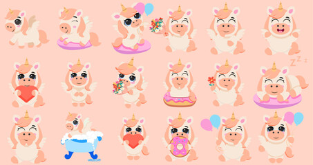 Cute unicorn characters set for kids Adorable mythical creatures illustrations Funny magical animal collection Whimsical pony graphics for children's design Sweet fantasy animal clip art