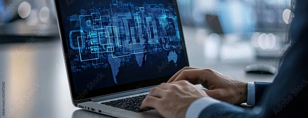 Aufkleber business professional working on laptop displaying digital world map and technology graphics in mode