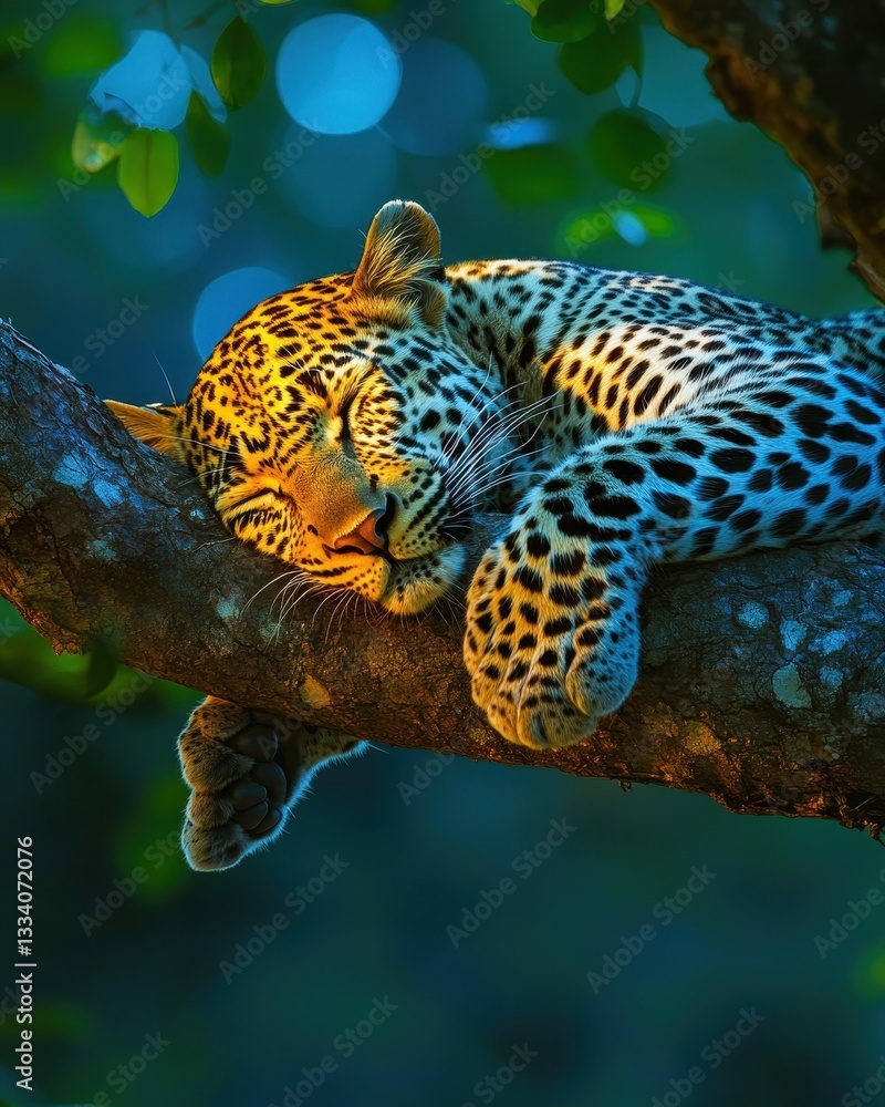 Poster serene leopard resting comfortably on tree branch in lush green jungle setting surrounded by soft ev