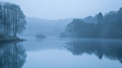 The tranquil scene presents a foggy lake with trees on shores