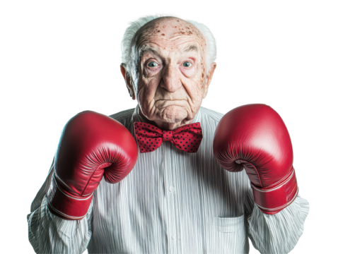 Isolated Elderly Man with Boxing Gloves and Bowtie - Powered by Adobe