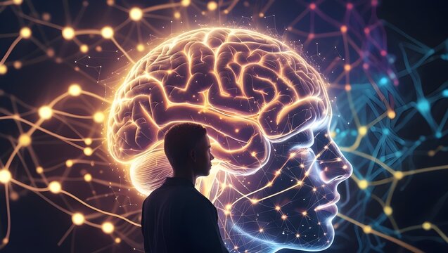 Stylized Brain with Glowing Neural Connections and Meditative Person, Symbolizing Cognitive Flexibility, Neuroplasticity, and Thought Rewiring
