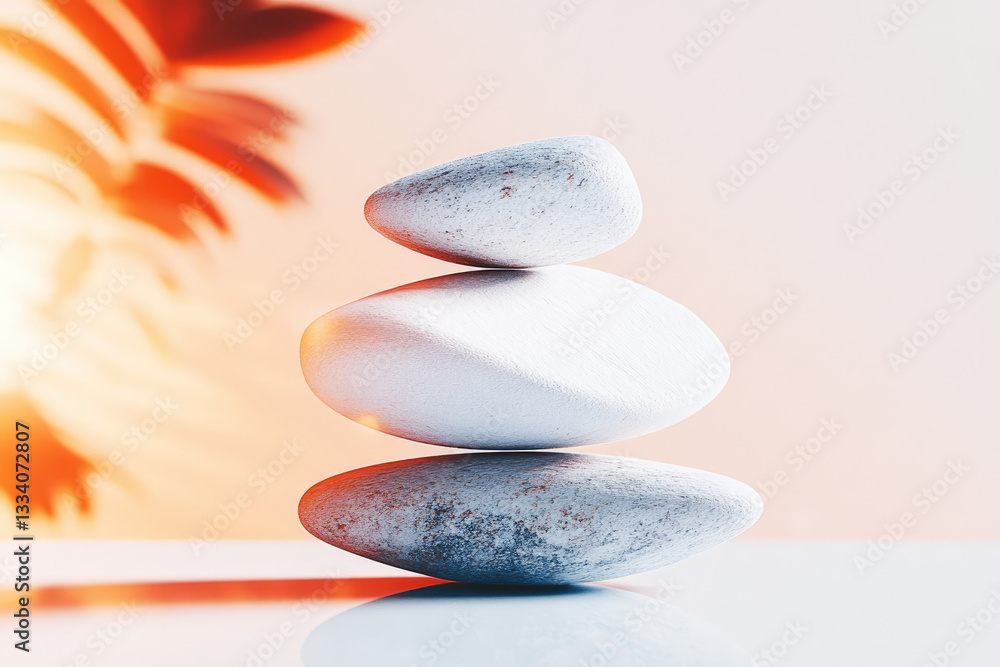 Poster three smooth white stones are stacked in balance against warm, blurred background with soft sunlight