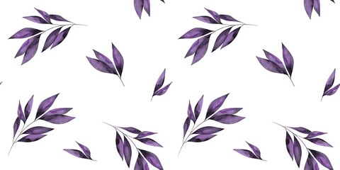 Seamless floral texture featuring purple leaves on a clean white background for design use